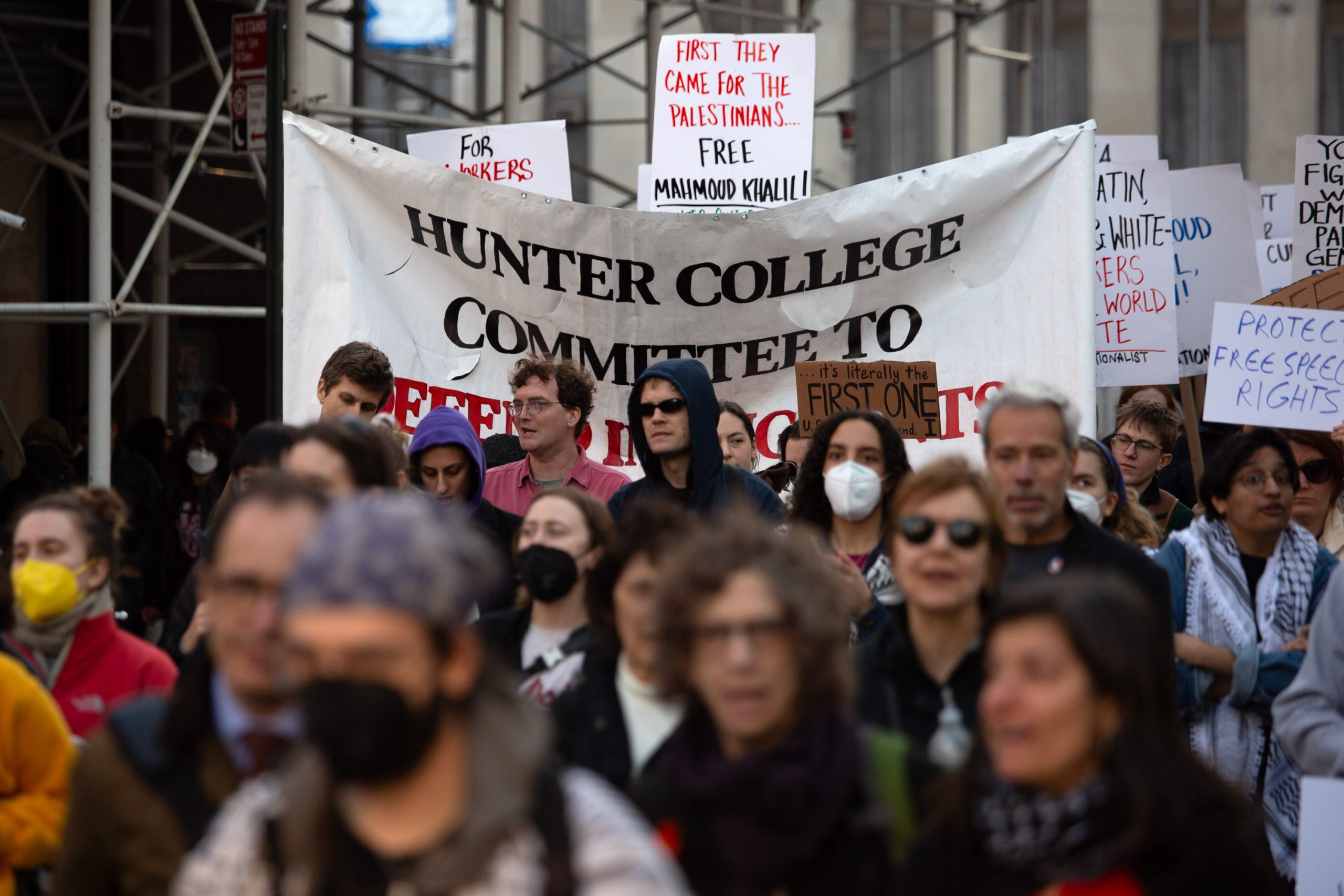 Hunter College community members join a Lower Manhattan protest calling the release of Mahmoud Khalil from immigration detention.