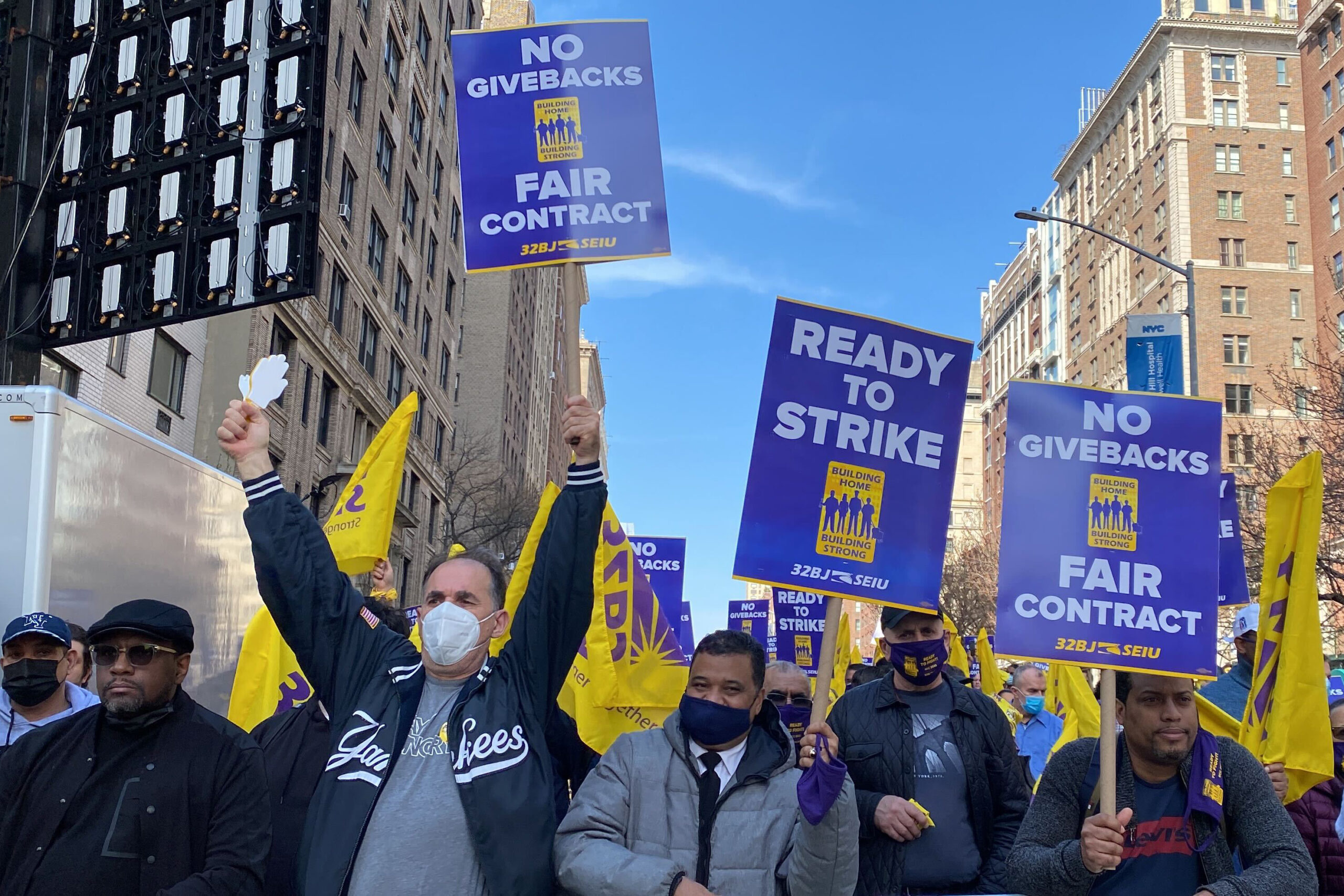 32BJ building workers rally on the Upper East Side before voting to authorize a potential strike, April 13, 2022.