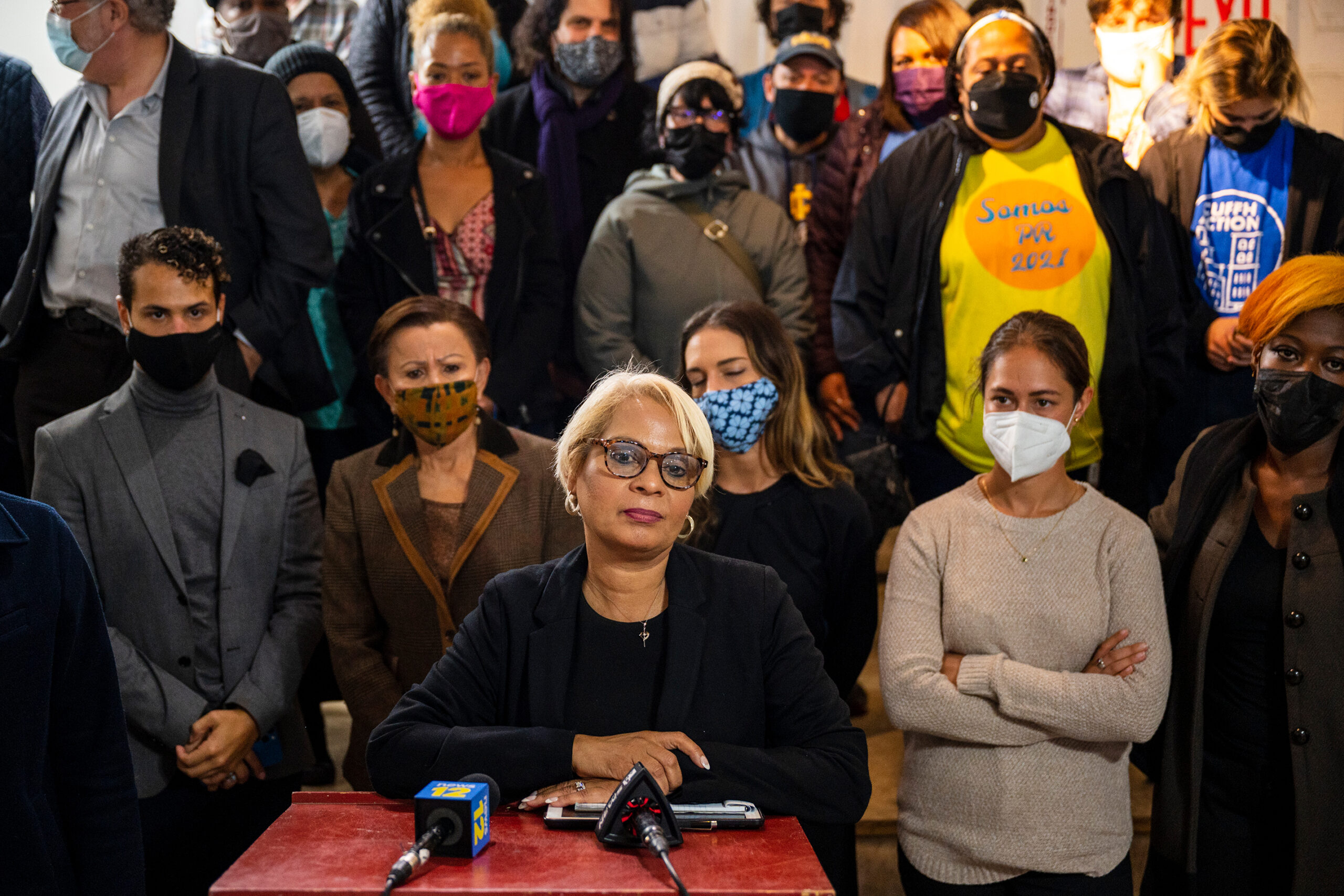 Brooklyn Democrats joined Assemblywoman Maritza Davila in calling for the resignation of both Assemblywoman Rodneyse Bichotte-Hermelyn and her husband, district leader Edu Hermelyn, Nov. 12, 2021.