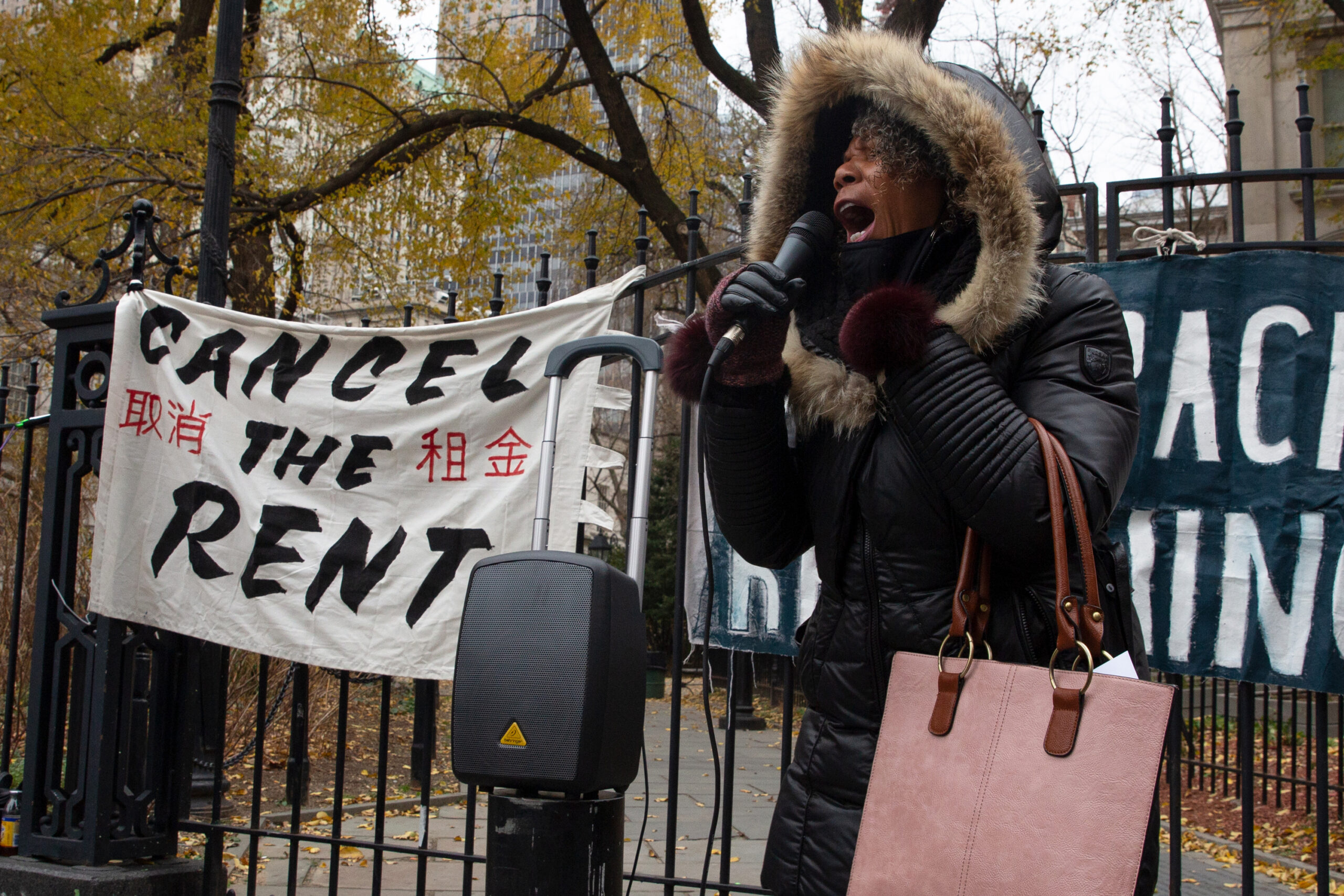 Community advocates protested rezoning and lack of support for tenants during a demonstration outside City Hall, Dec. 16, 2020.