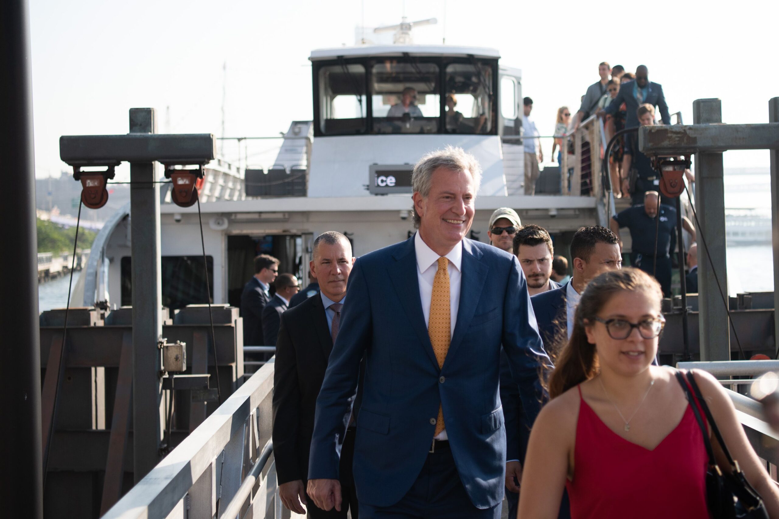 Mayor Bill de Blasio launches the Lower East Side NYC Ferry rout, August 29, 2018.