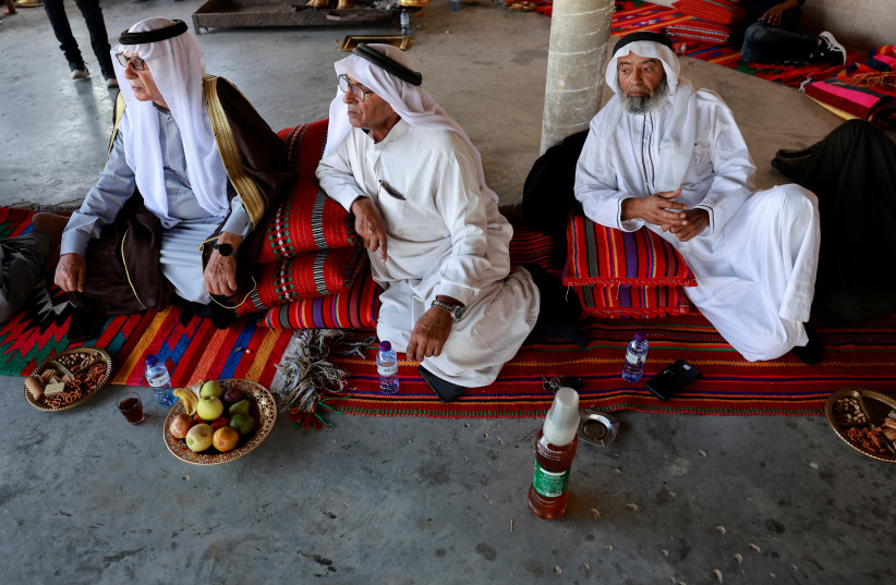  Members of the Bedouin community in Southern Israel, convene a meeting with journalists, demanding justice for the death of their relative, Osama Abu Eissa, who was executed by Hamas terrorists during the October 7th attack, near Hura village, Israel November 9, 2023 (credit: REUTERS/AMMAR AWAD)