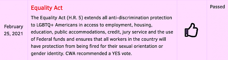 The journalist-affiliated CWA back hot-button liberal issues like this one in the House last year. Communications Workers of America