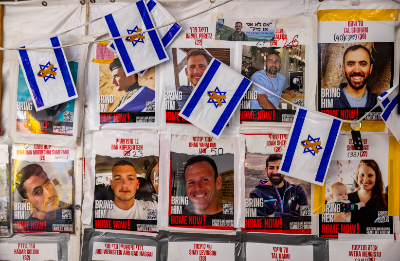  A hostage protest tent calling for the release of hostages in the Gaza Strip, seen in Jerusalem, February 18, 2025 (credit: FLASH90/CHAIM GOLDBERG)