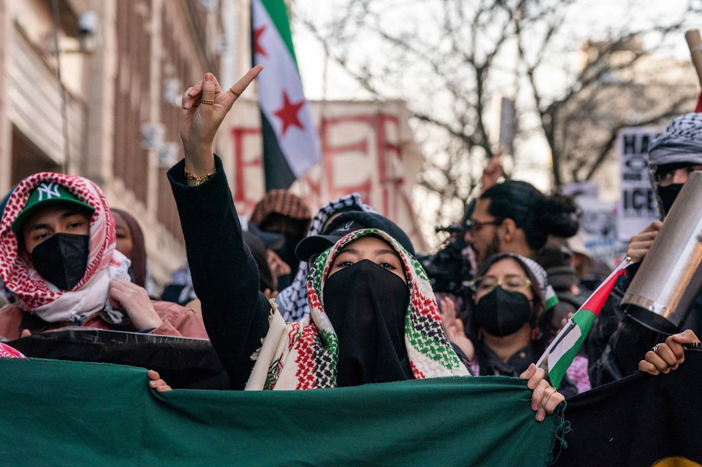 Demonstrators outside the main campus of Columbia University to denounce the immigration arrest of Mahmoud Khalil.