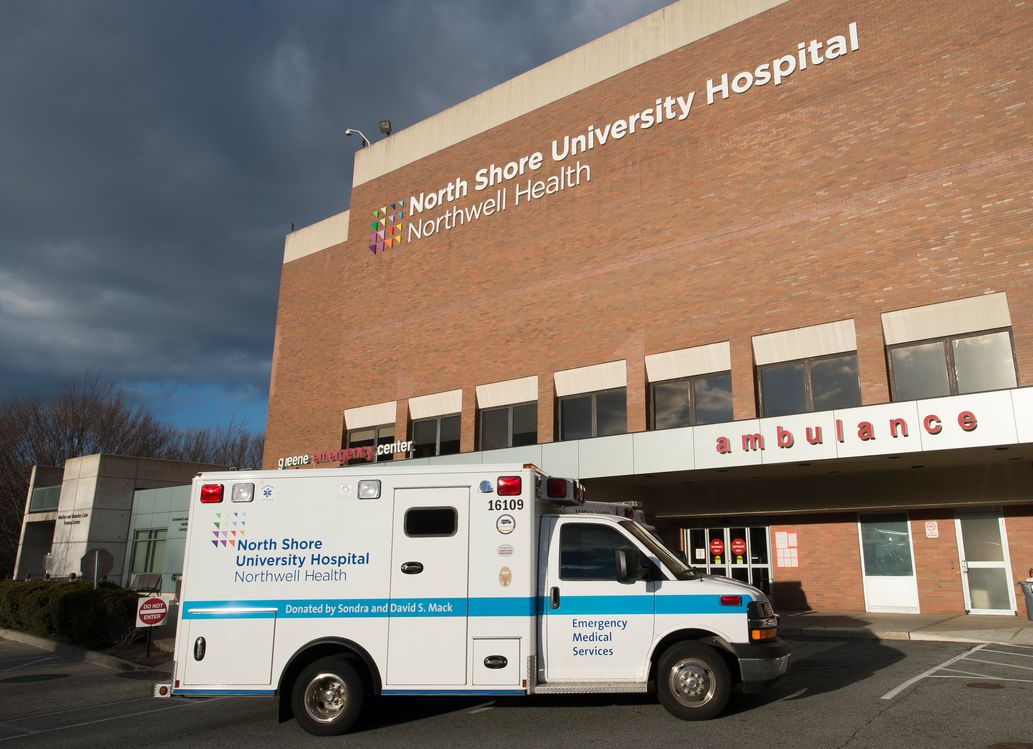 White ambulance with blue 