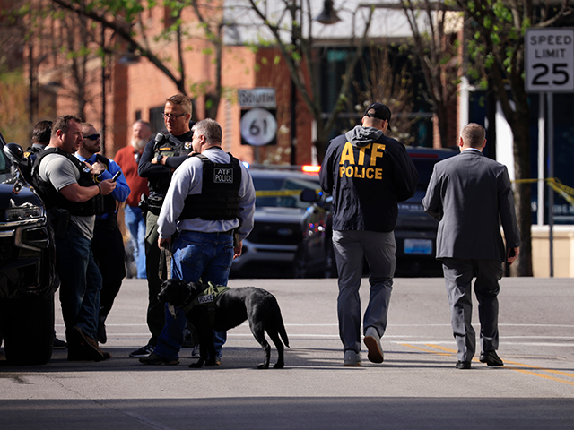 Officers with the U.S. Bureau of Alcohol, Tobacco, and Firearms (ATF) respond to an active shooter at the Old National Bank building on April 10, 2023, in Louisville, Kentucky. (Luke Sharrett/Getty Images)