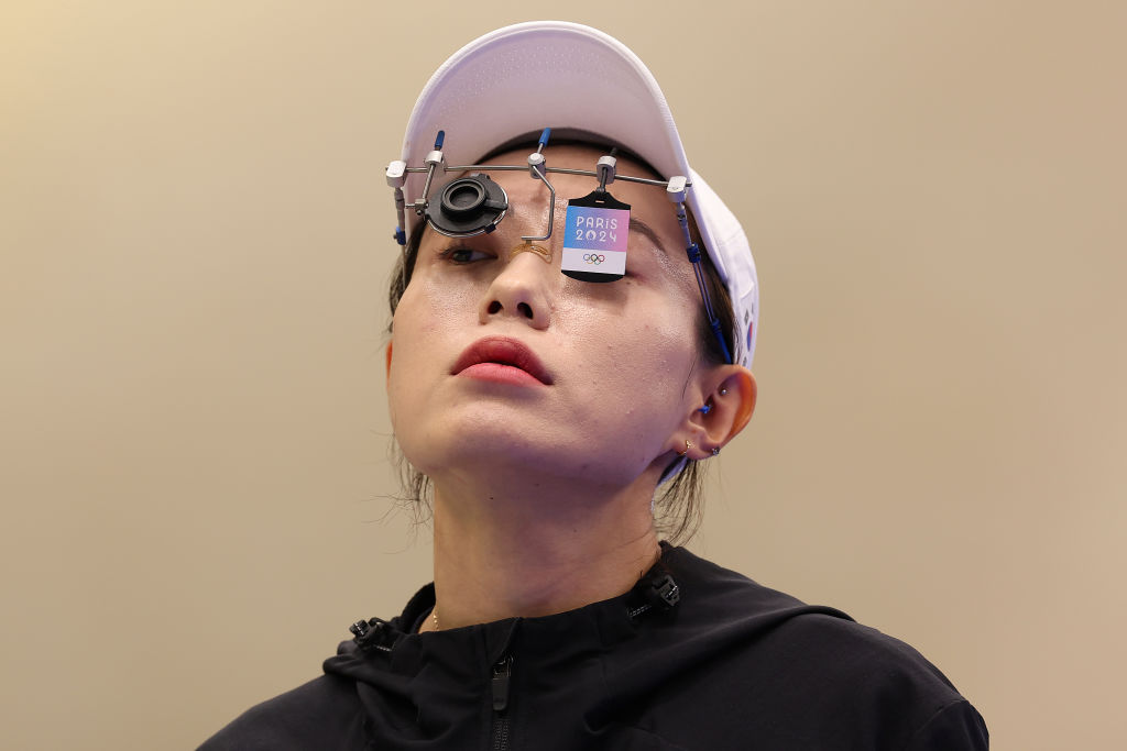 CHATEAUROUX, FRANCE - JULY 28: Kim Yeji of Team Republic of Korea prepares to shoot during the Women's 10m Air Pistol Final on day two of the Olympic Games Paris 2024 at Chateauroux Shooting Centre on July 28, 2024 in Chateauroux, France. (Photo by Charles McQuillan/Getty Images)
