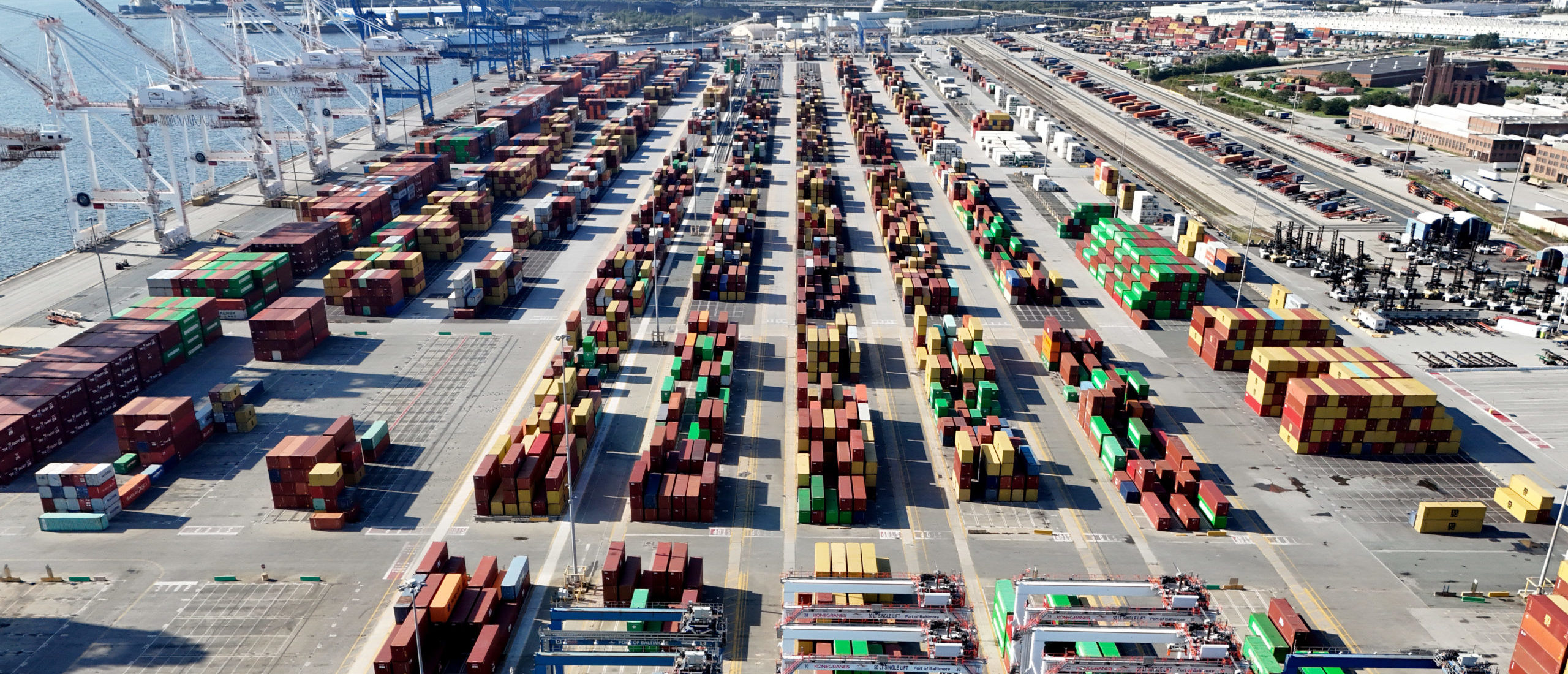An aerial view of the Dundalk Marine Terminal October 03, 2024 in Baltimore, Maryland. Dockworkers with the International Longshoremen’s Association (ILA) at 36 major ports on the East Coast and Gulf region walked off the job earlier this week, kicking off the first nationwide strike by the ILA since 1977, after the union failed to reach a contract agreement with port ownership. (Photo by Anna Moneymaker/Getty Images)
