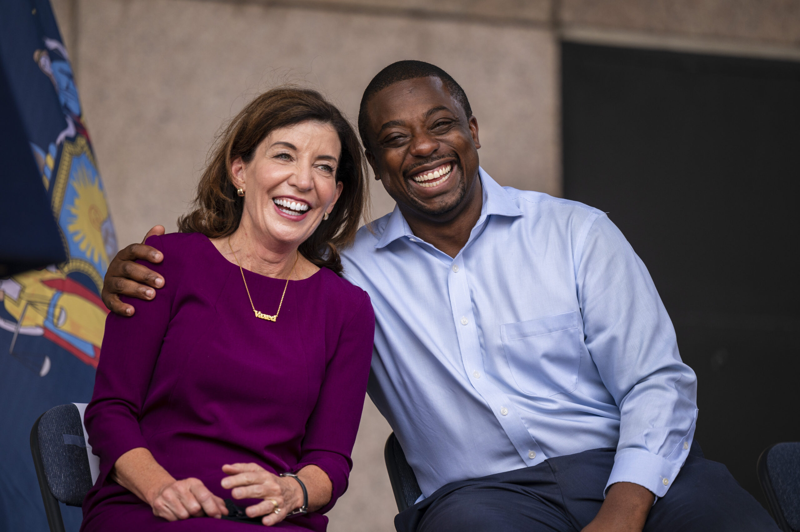 Governor Kathy Hochul is joined on stage by the Rev. Al Sharpton and Hazel Nell Dukes outside of Adam Clayton Powell Jr building in Harlem to officially announce Brian Benjamin, NY State Senator, as her pick for New York Lieutenant Governor.