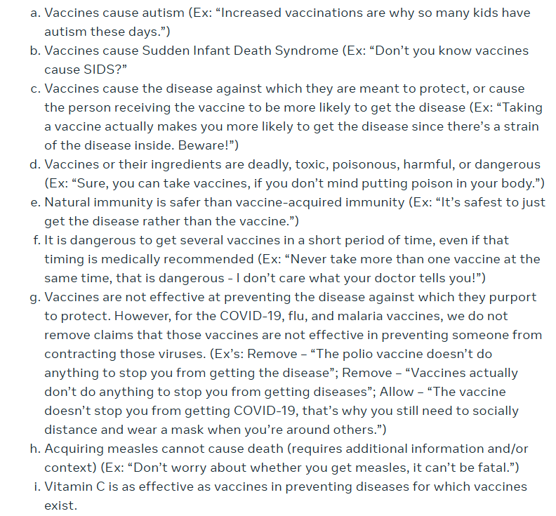 Screenshot of Meta's list of vaccine-related misinformation. Screenshot/Meta 3/31/2025.