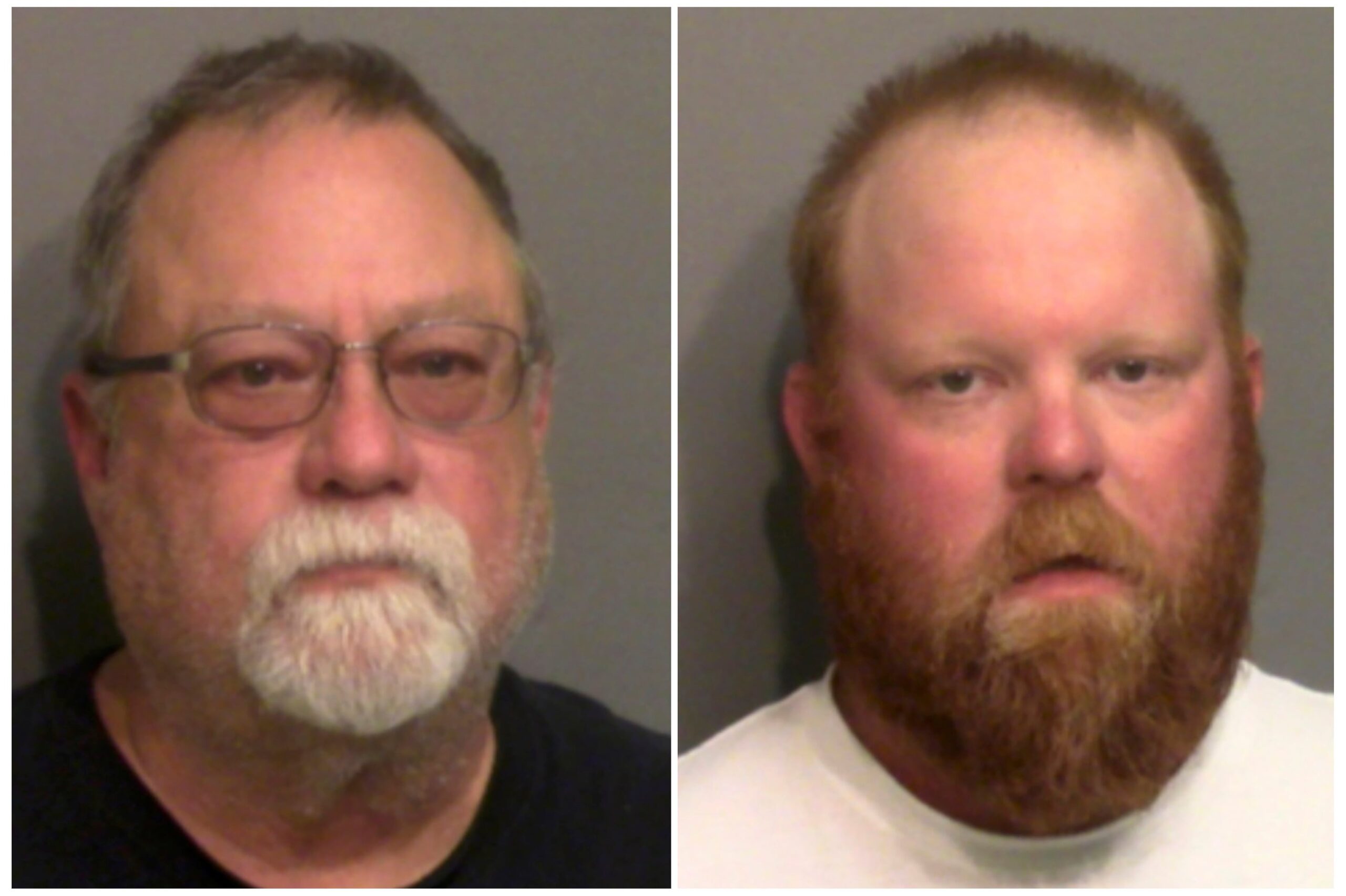 Former police officer Gregory McMichael, 64, and his son Travis McMichael pose for a booking photo they were arrested by the Georgia Bureau of Investigation and charged with murder in the shooting death of unarmed black man Ahmaud Arbery, in Brunswick, Georgia. (REUTERS)