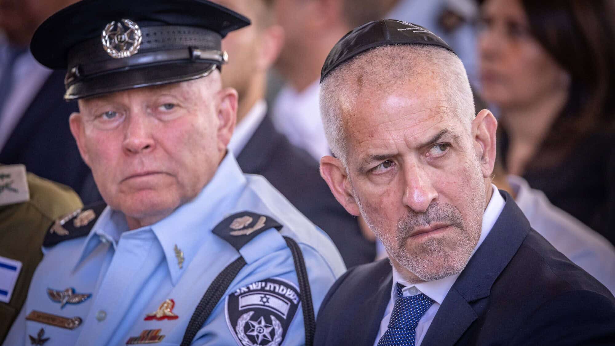Shin Bet Director Ronen Bar (right) attends a state ceremony at the Mount Herzl Military Cemetery in Jerusalem marking the Hebrew calendar anniversary of last year's Hamas-led terrorist invasion, Oct. 27, 2024. Photo by Chaim Goldberg/Flash90.|