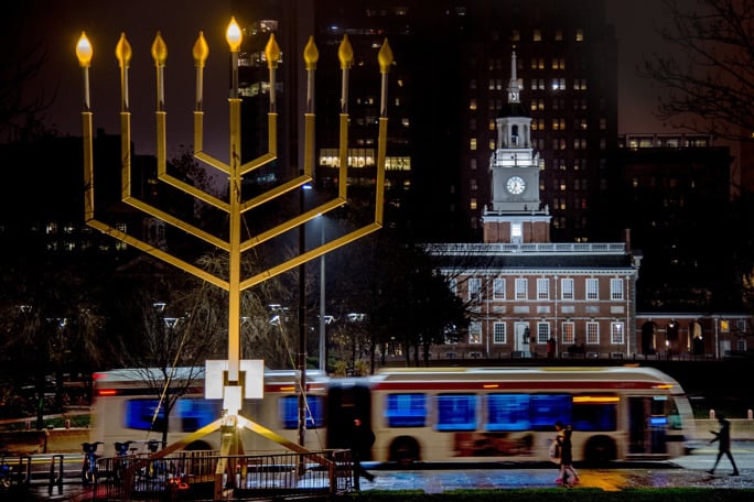 The menorah lit in front of Independence Hall in the city of Philadelphia. - Tom Gralish / Philadelphia Inquirer