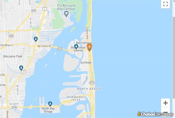 The Shul is located on Collins Ave., only a few blocks north of the disaster site. (Map: Chabad.org Directory)
