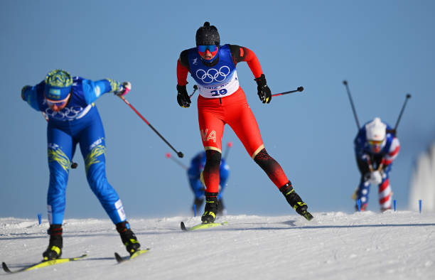 Dinigeer Yilamujiang of Team China competes during the Women's Cross Country 7.5km + 7.5km Skiathlon on Day 1 of the Beijing 2022 Winter Olympic...