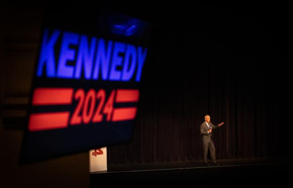 Democratic presidential candidate Robert F. Kennedy Jr. speaks to a crowd of more than 300 at the premiere of his documentary, 