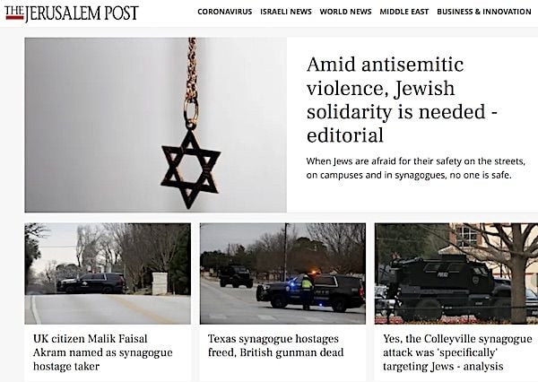 The front page of the Jerusalem Post online on Sunday, Jan. 16, 2022 indicates strong sentiment the hostage event in Collleyville, Texas, was directly aimed at Jews. (Screenshot)