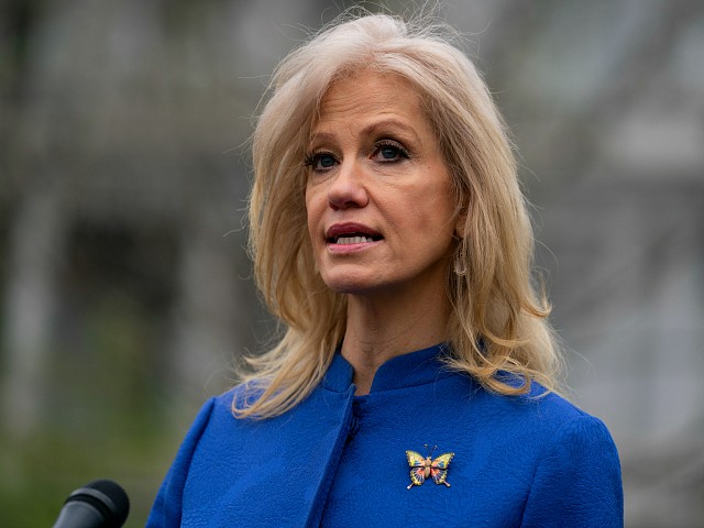 White House counselor Kellyanne Conway talks to reporters about the coronavirus at the White House, Wednesday, April 15, 2020, in Washington. (AP Photo/Evan Vucci)