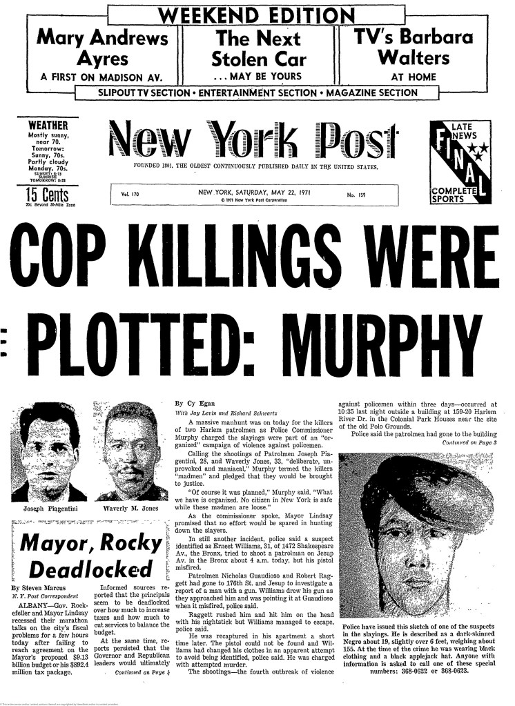 the post's front page on the 1971 killing with the headline: COP KILLINGS WERE PLOTTED: MURPHY