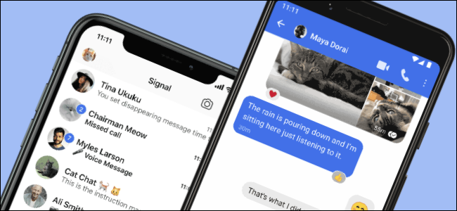 Signal apps showing the conversation list and conversation.
