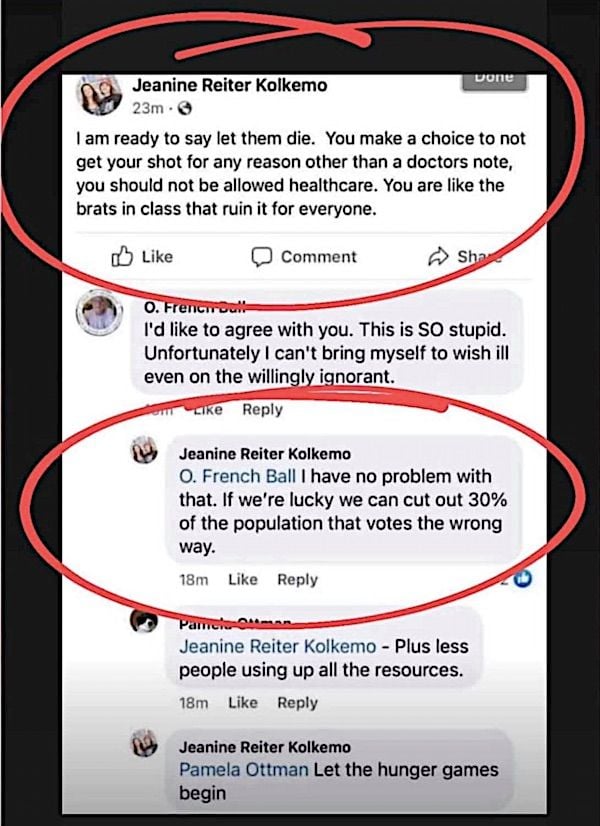 An online thread revealing strong sentiments against people who are unvaccinated for COVID-19. (Screenshot)